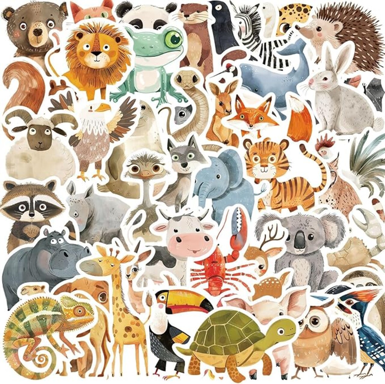 50 Pcs Cute Animal Stickers for Kids, Waterproof Vinyl Zoo/Farm/Sea/Wild Animals Decals for Water Bottle, Laptop, Scrapbook, Silly Mammals Reptiles Birds Fish